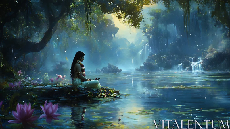 Woman in serene mystical forest by reflective blue lake.