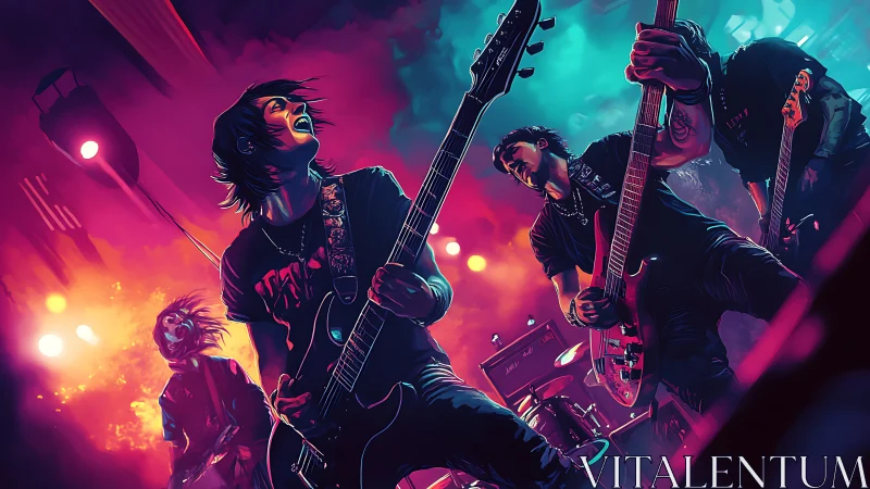 Neon-lit rock band performance rendered in dynamic digital painting
