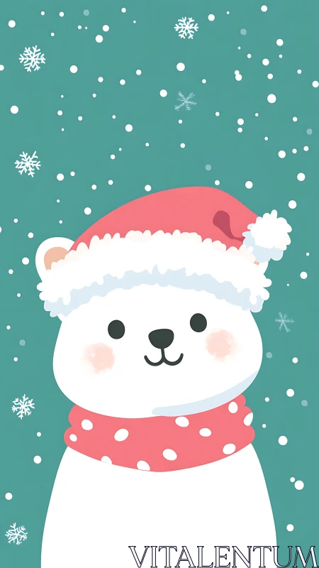 Snowy Santa bear with rosy cheeks and cozy charm.