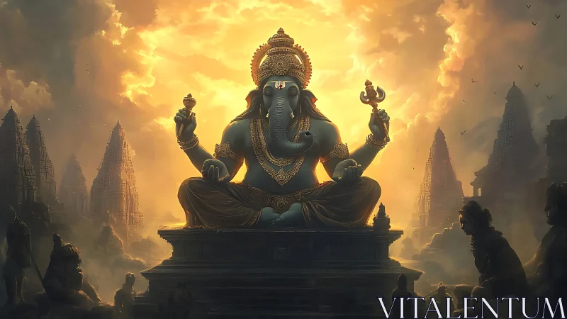 Elephant-headed deity sits on temple pedestal at sunset