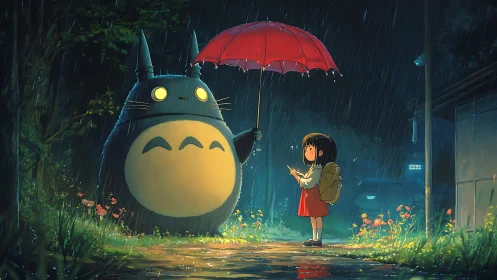 Gentle forest spirit shares a bright umbrella on rainy night.