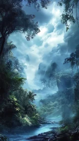 Moonlit Mist River Winding Through Enchanted Emerald Jungle.