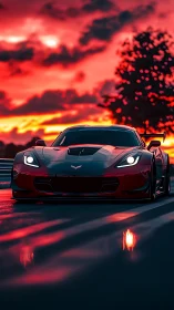 Red supercar cuts track under blazing neon sunset sky.