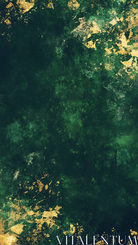 Green textured background with gold distressed splatter pattern.