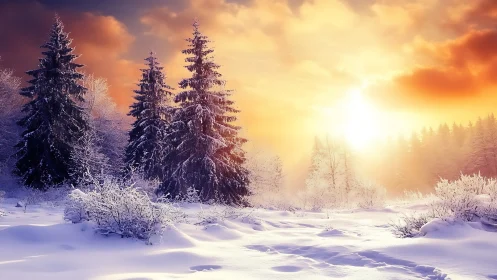 Radiant winter sunrise over snow laden conifer forest edge