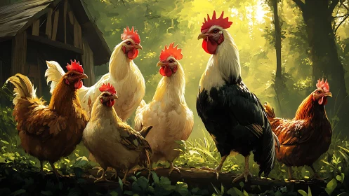 Forest Roosters in Golden Woodland Setting.