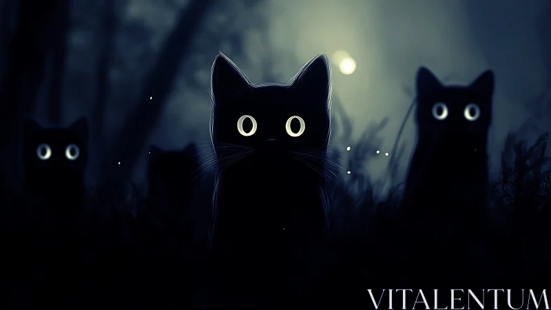 Three Mysterious Black Cats with Luminous Eyes in Moonlit Night
