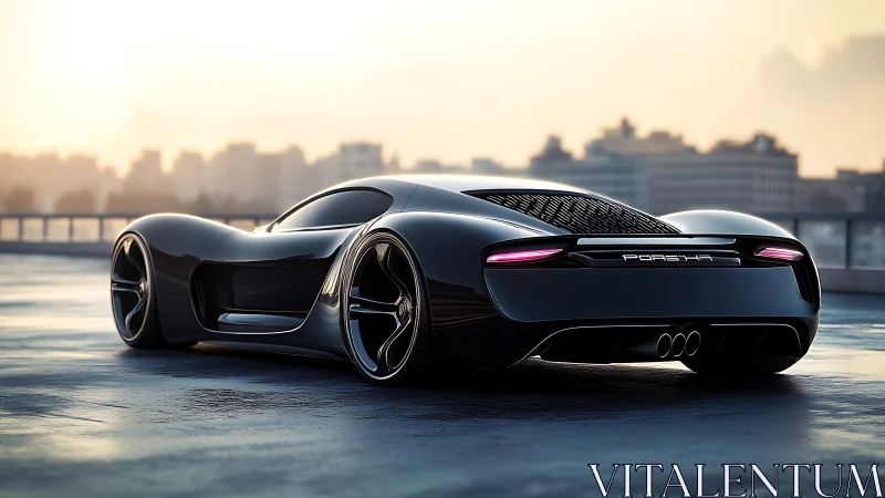 Sunlit black supercar rests on a rooftop with city skyline
