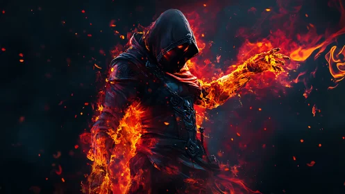 Hooded fire mage conjures flames against a void backdrop