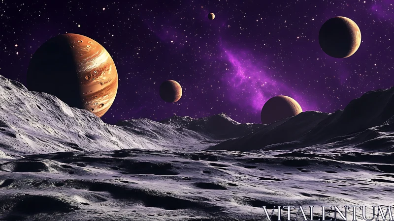 Moonlit alien valleys under swirling violet galaxies.