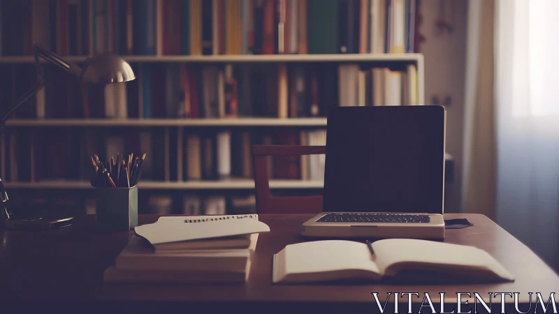 Warm-toned study desk with laptop foregrounding blurred library