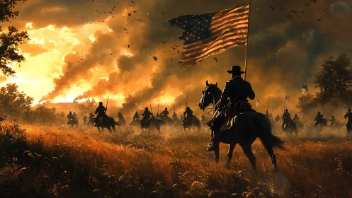 Sunlit cavalry riders carry a proud American flag forward