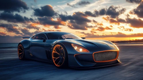 Sunset cruise with a sleek futuristic coastal supercar.