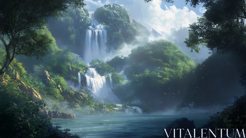 Layered forest waterfalls descending into misted basin.