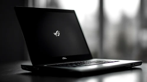 Black laptop on reflective desk in softly lit interior.