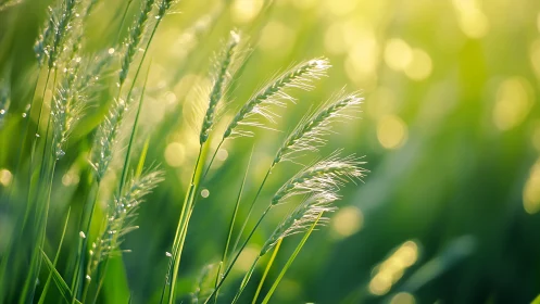 Shallow depth of field isolates sunlit grass seed heads in bokeh field