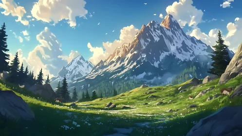 High-alpine meadow under stratocumulus-lit snow peaks.