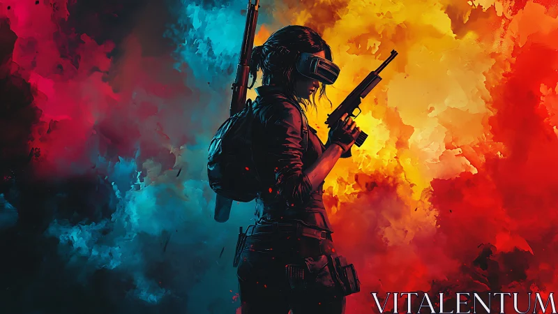 Cyber soldier framed by dual-tone explosive nebula clouds.