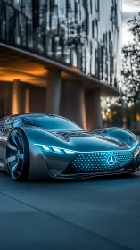 Photorealistic futuristic coupe with luminous grille detailing.