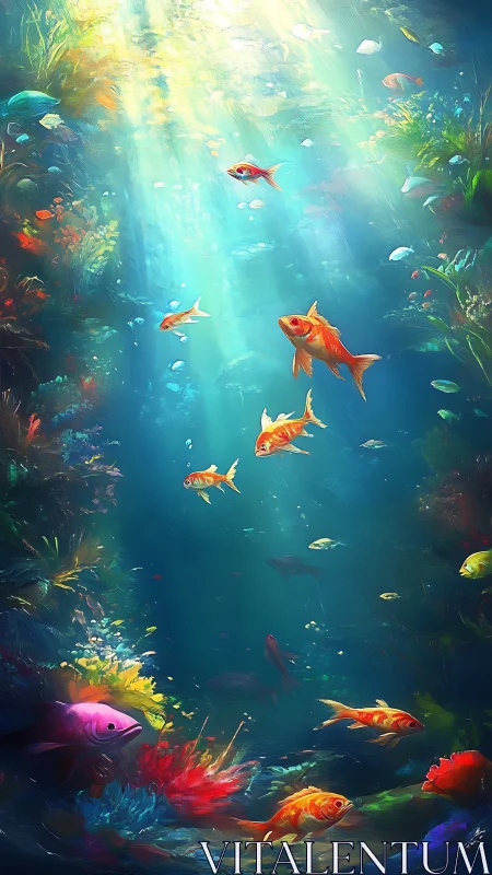 Tropical reef corridor with golden fish in volumetric sunbeams