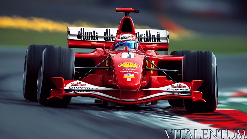Red Formula racing car cutting apex on wet circuit.