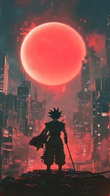 Lone neon warrior beneath a blazing crimson future moon.