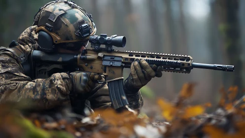 Camouflaged marksman stalking silence in misty autumn woods.