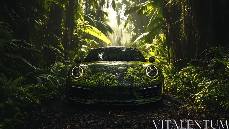 Sports coupe camouflaged by foliage in dense rainforest.