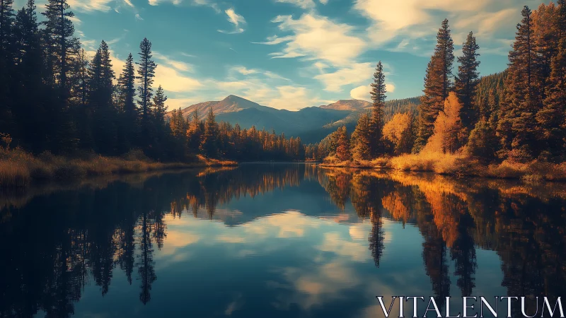 Golden lakeside pines reflecting quiet mountain morning.