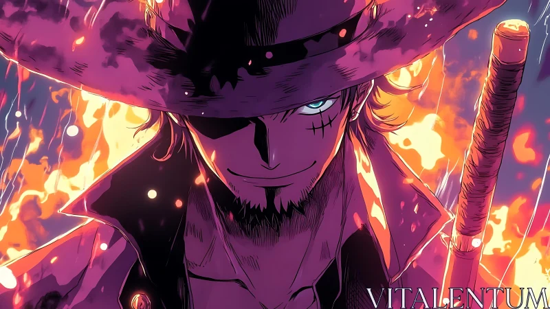 Mysterious swordsman in glowing firelit stormy night.