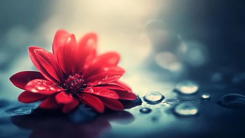 Red dahlia positioned on reflective surface with water droplets.