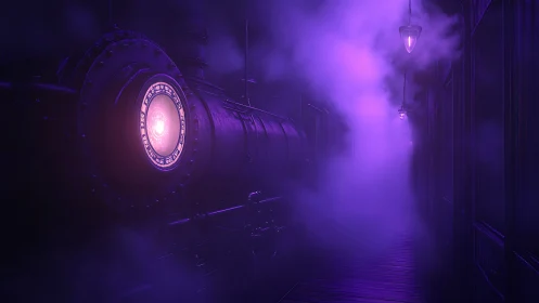 Steam locomotive headlight glows through dense purple fog