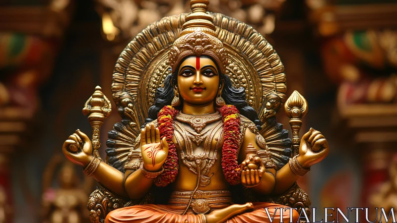 Golden Hindu deity statue sits centered with ornate halo
