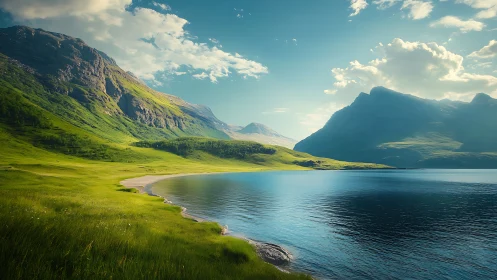 Mountain lake curves along bright grassy valley shoreline