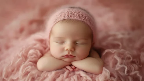 Sleeping Newborn in Pink Knit Hat on Textured Blanket