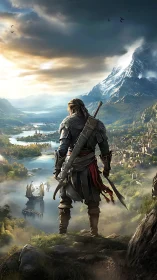 Armored figure overlooking river valley and distant town.