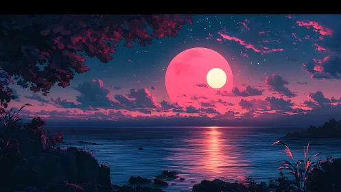Coastal horizon under stylized dual moon at dusk light.