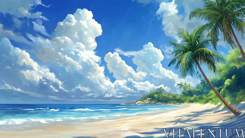 Tropical Beach Paradise with Palm Trees and Dramatic Sky