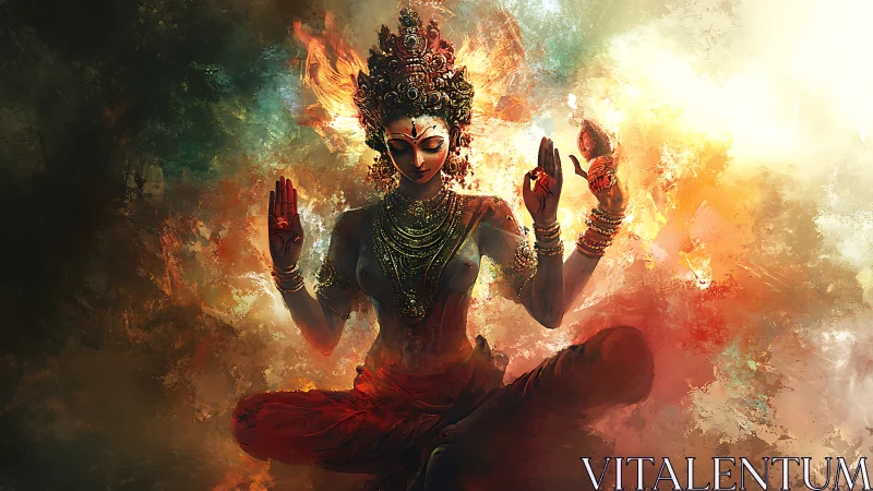 Divine goddess radiates power through swirling sacred fire.