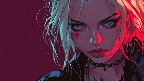 Cyberpunk rebel girl glares under neon red and teal light