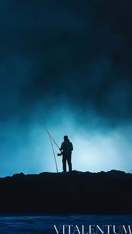 Lone shoreline angler silhouette under deep blue mist