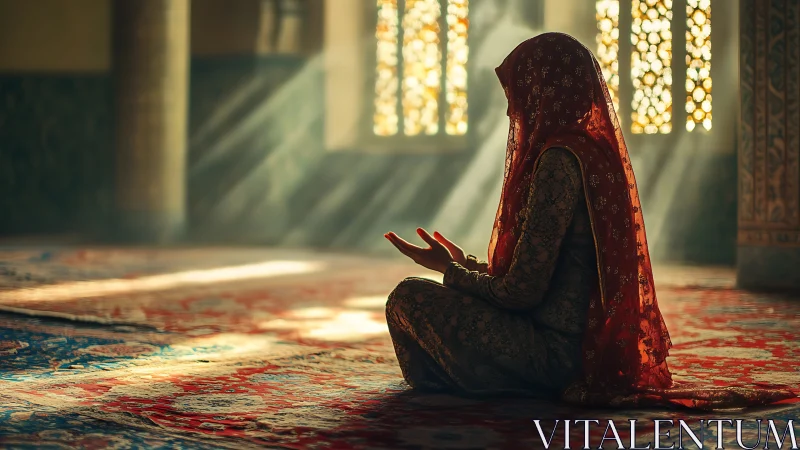 Woman Praying in Mosque with Sun Rays, Serene Artistic Style.