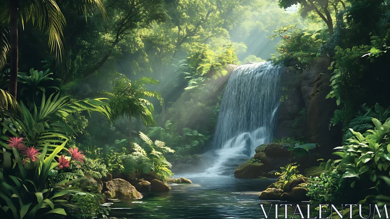 Sunlit jungle waterfall pours into tranquil forest pool