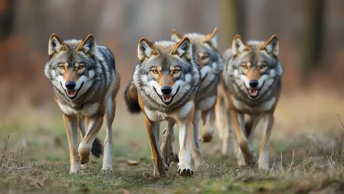 Wolf pack advancing through meadow in sharp focus detail.