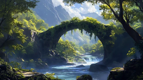 Stone arch remembers riversong beneath glowing forest light