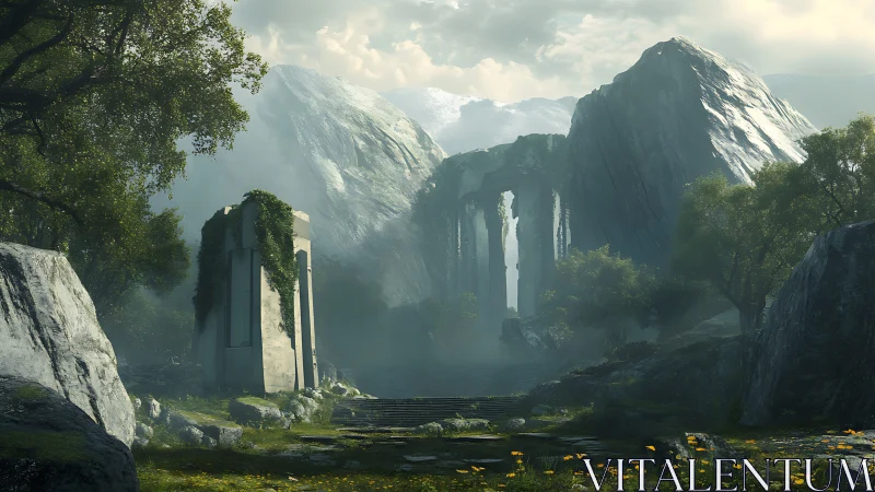 Hidden mountain ruins rest quietly in a misty green valley