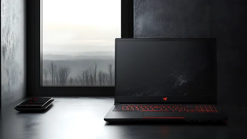 Laptop with red backlit keyboard sits on dark reflective desk