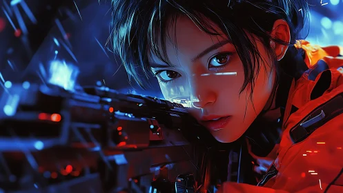 Neon sniper locked in cybernetic blue and crimson glow.
