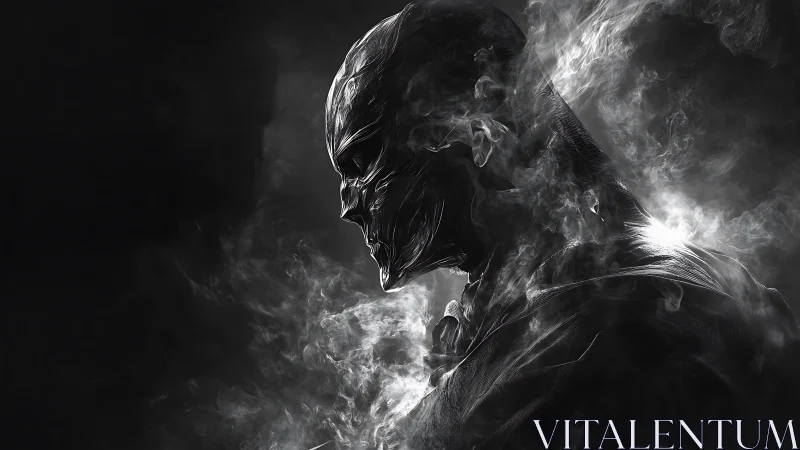 Volumetric smoke-clad biomechanoid profile in high contrast.