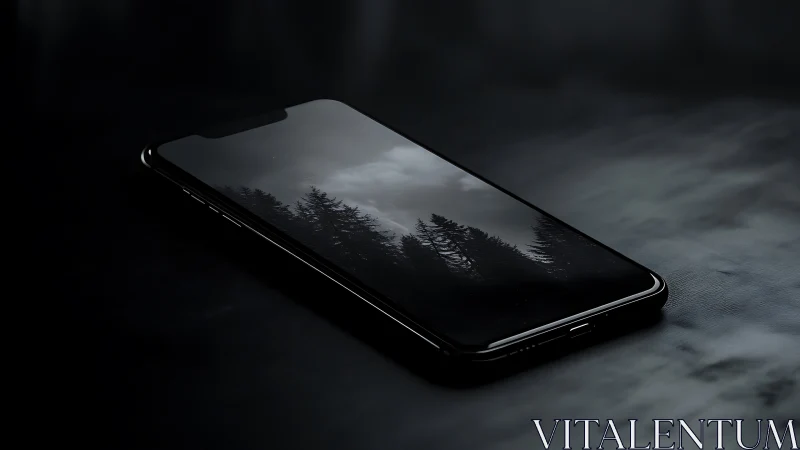Smartphone displaying stormy forest landscape on dark surface.